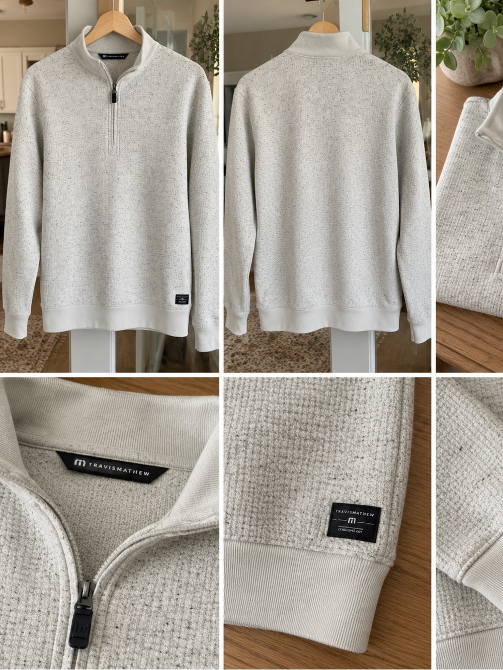 Travis Mathew Men's Speckled Cream Quarter-Zip Waffle Sweater
